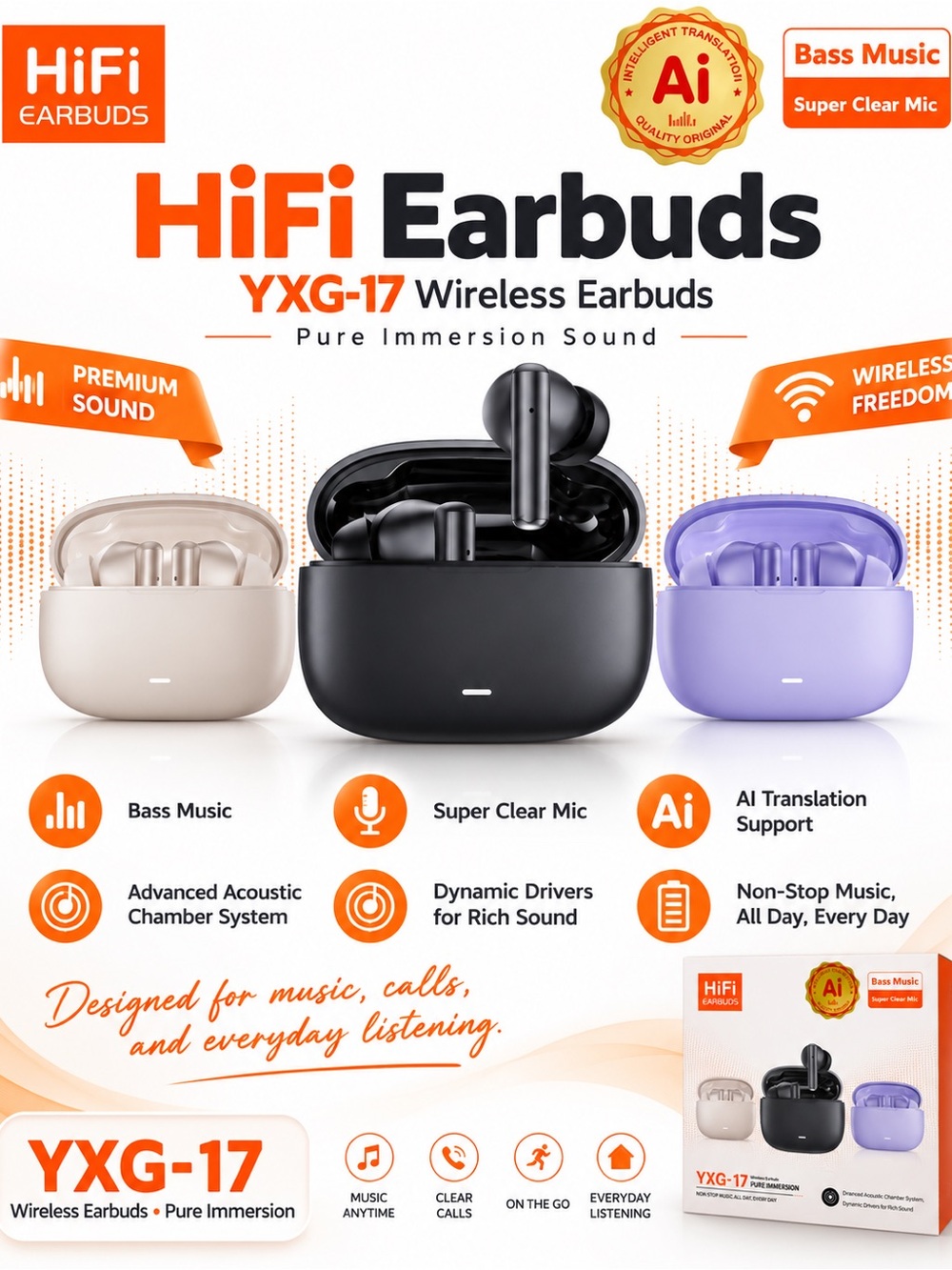 YXG-17 Wireless Earbuds — Black, Beige & Purple